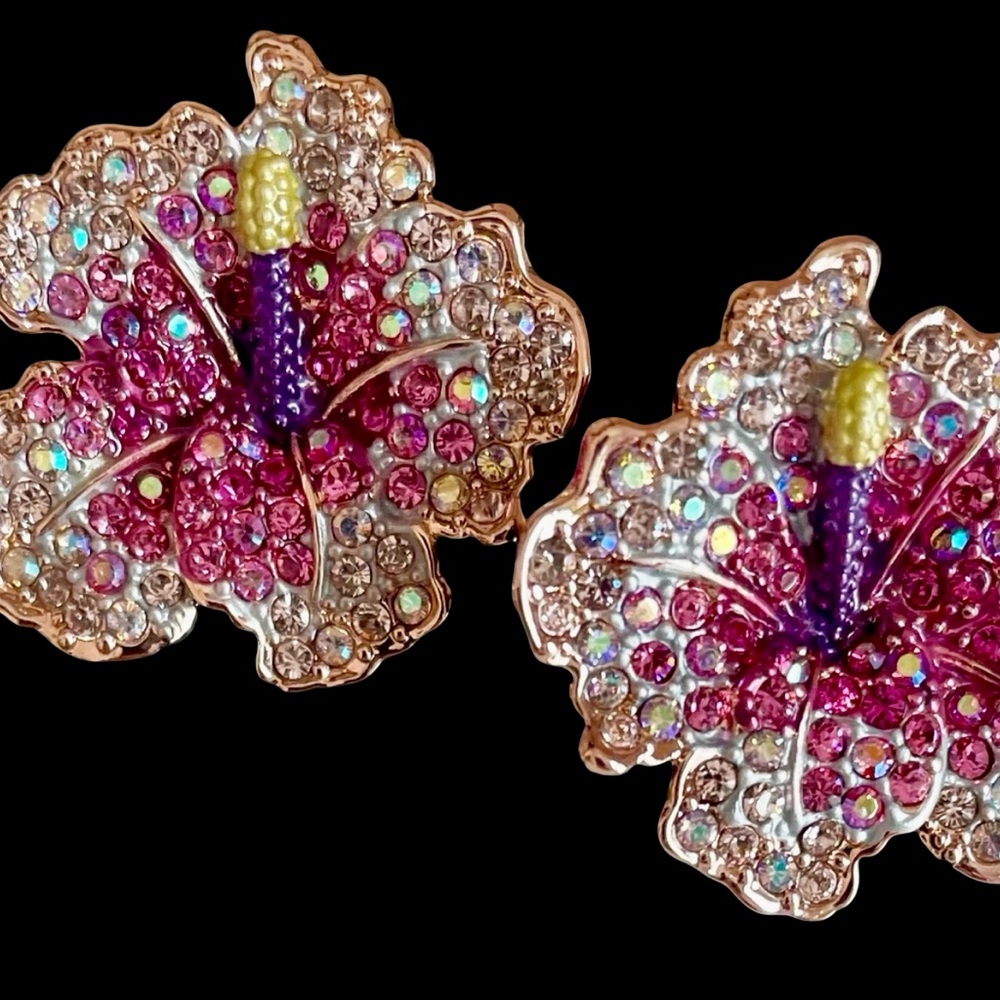 Vintage Joan Rivers Hibiscus Pave Post Earrings With Swarovski Crystal Stones - Picture 2 of 5
